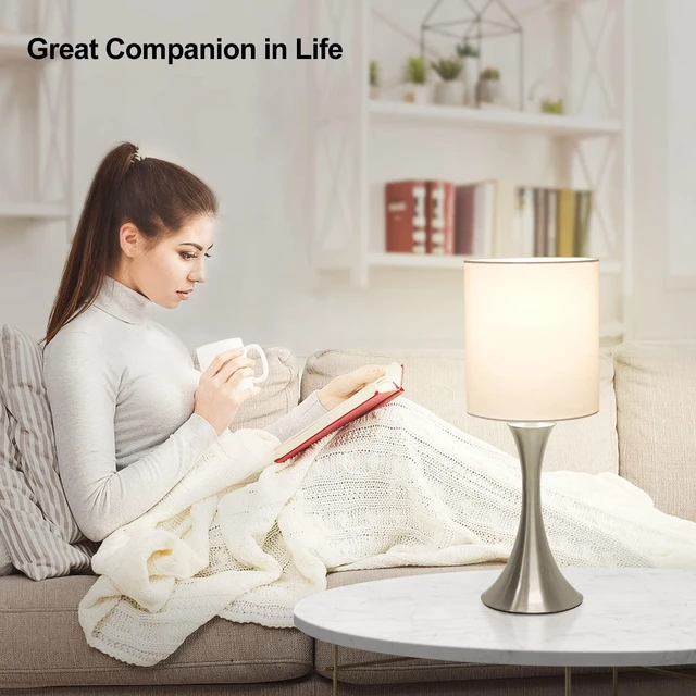 Alt view image 5 of 7 - Touch Control Table Lamp, 3-Way Dimmable Desk Lamp, Bedside Reading Light Small Lamp with White Shade and Silver Base, Nightstand Lamp for Living Room, Bedroom, Dorm, Office, 3000K LED Bulb Included