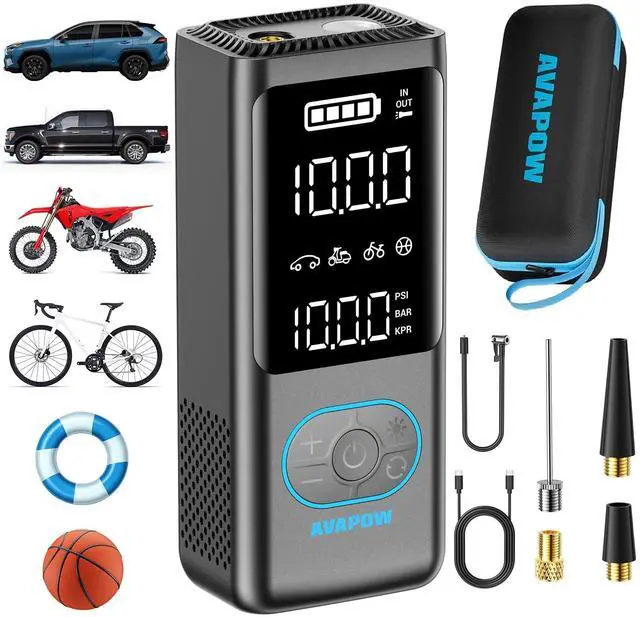 Main image of AVAPOW Tire Inflator Portable Air Compressor, 150 PSI Cordless Car Tire Air Pump with Pressure Gauge, 3.7 LCD Screen, Auto-Shuts Off Tire Pump for Car, Motorcycle, Bike, Balls