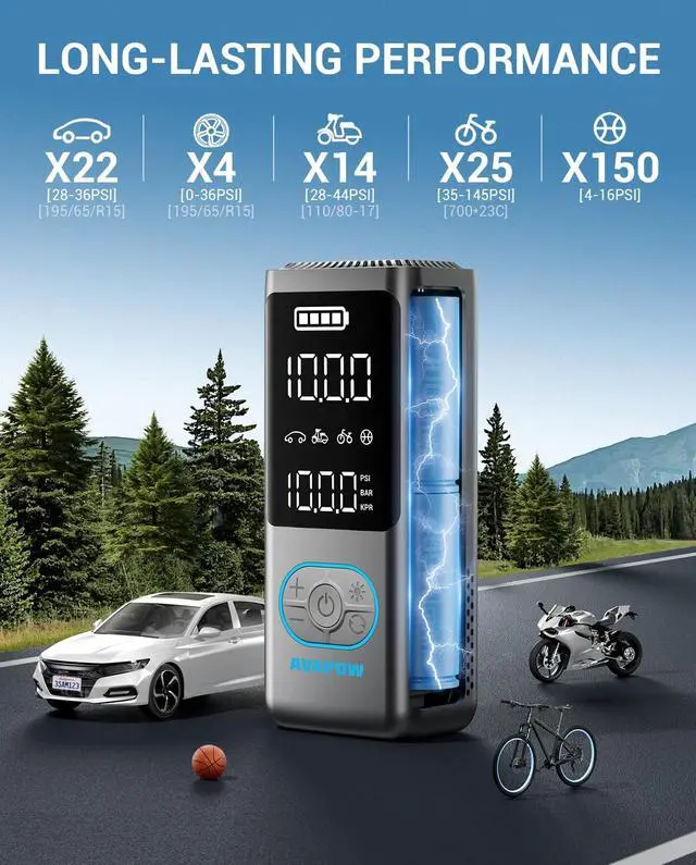 Alt view image 6 of 7 - AVAPOW Tire Inflator Portable Air Compressor, 150 PSI Cordless Car Tire Air Pump with Pressure Gauge, 3.7 LCD Screen, Auto-Shuts Off Tire Pump for Car, Motorcycle, Bike, Balls