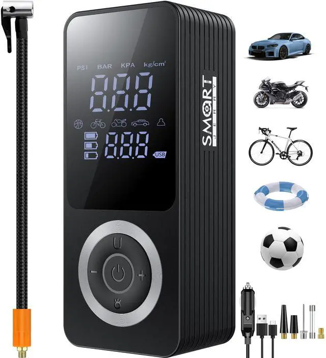 Main image of SMART JERRY - Tire Inflator Portable Air Compressor | Cordless Mini Bike Tire Pump with Gauge | Dual-Power Electric 12V Air Compressor for Auto, Motorcycles, Bikes, Balls | Fast Inflation Max 150 PSI