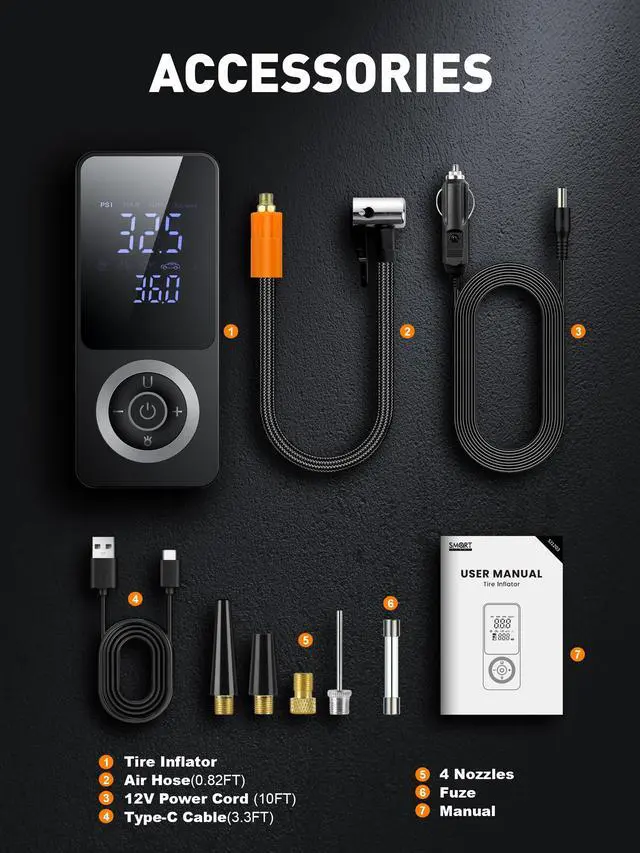 Alt view image 2 of 7 - SMART JERRY - Tire Inflator Portable Air Compressor | Cordless Mini Bike Tire Pump with Gauge | Dual-Power Electric 12V Air Compressor for Auto, Motorcycles, Bikes, Balls | Fast Inflation Max 150 PSI