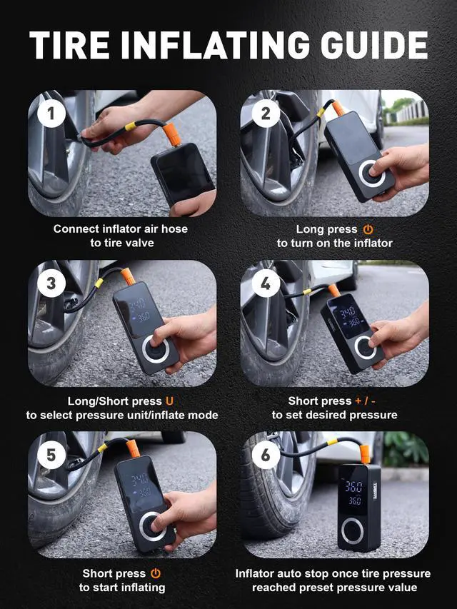 Alt view image 4 of 7 - SMART JERRY - Tire Inflator Portable Air Compressor | Cordless Mini Bike Tire Pump with Gauge | Dual-Power Electric 12V Air Compressor for Auto, Motorcycles, Bikes, Balls | Fast Inflation Max 150 PSI