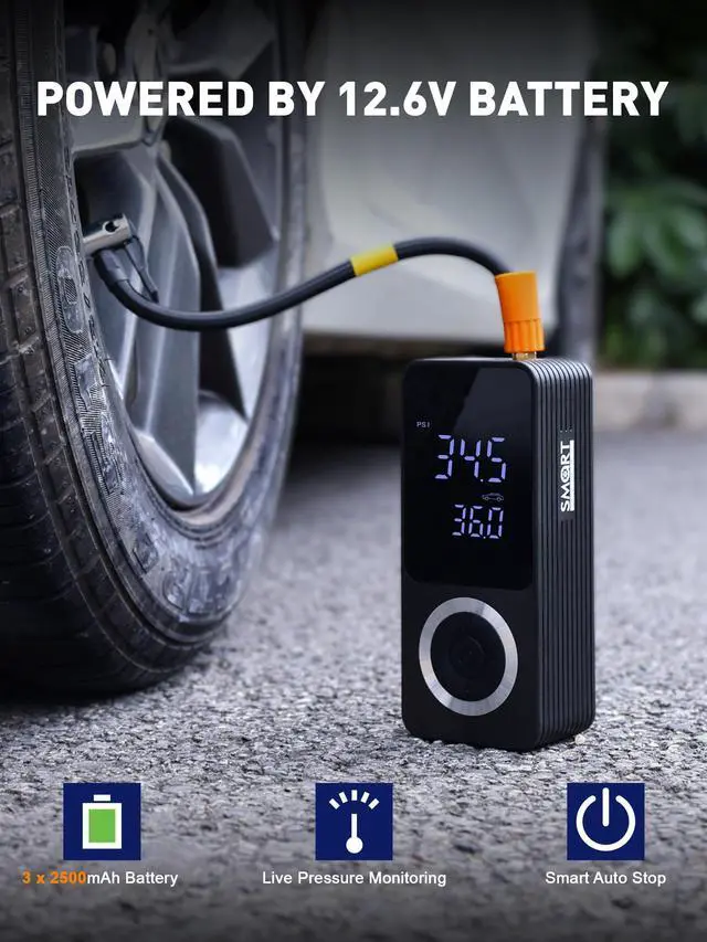 Alt view image 5 of 7 - SMART JERRY - Tire Inflator Portable Air Compressor | Cordless Mini Bike Tire Pump with Gauge | Dual-Power Electric 12V Air Compressor for Auto, Motorcycles, Bikes, Balls | Fast Inflation Max 150 PSI
