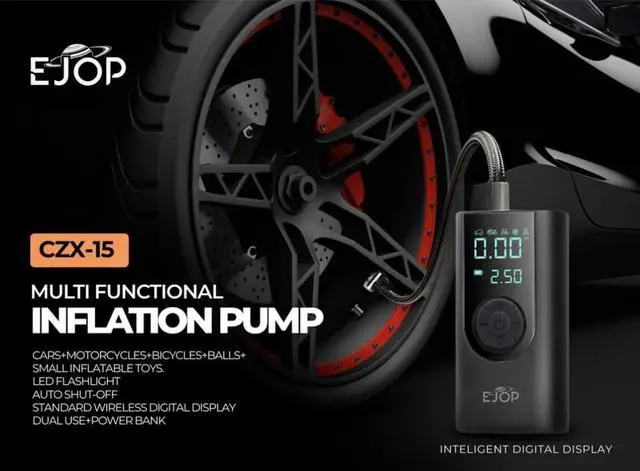 Alt view image 2 of 7 - EJOP 150PSI Tire Inflator Portable Air Compressor, Air Pump for Car Tires with Digital Pressure Gauge, Cordless Pump for Car Motorcycle Bicycle Ball, LED Light, Auto Shut-Off,Dual Display,12V Adapter