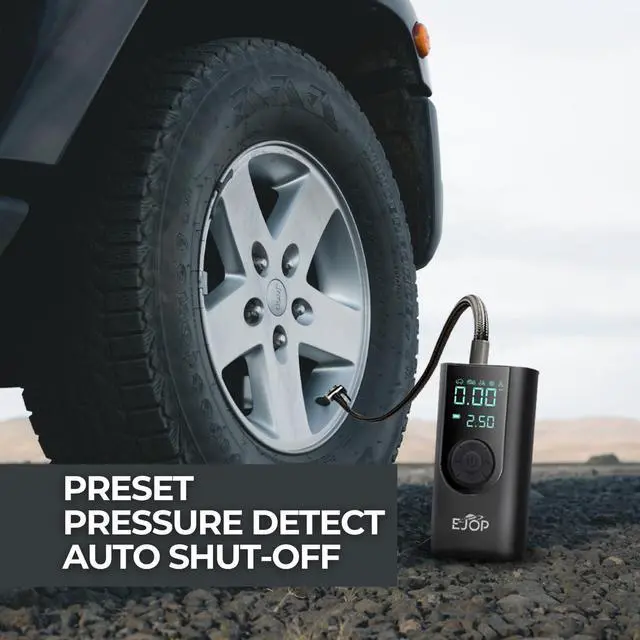 Alt view image 5 of 7 - EJOP 150PSI Tire Inflator Portable Air Compressor, Air Pump for Car Tires with Digital Pressure Gauge, Cordless Pump for Car Motorcycle Bicycle Ball, LED Light, Auto Shut-Off,Dual Display,12V Adapter