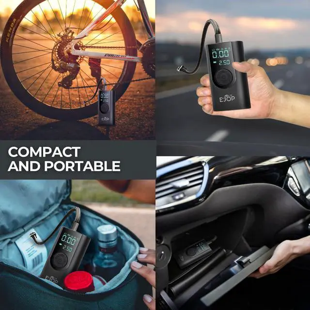 Alt view image 7 of 7 - EJOP 150PSI Tire Inflator Portable Air Compressor, Air Pump for Car Tires with Digital Pressure Gauge, Cordless Pump for Car Motorcycle Bicycle Ball, LED Light, Auto Shut-Off,Dual Display,12V Adapter