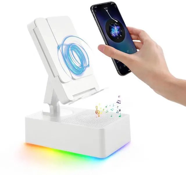 Main image of TuneEIf Wireless Induction Bluetooth Speaker, 5-in-1 Foldable Phone Holder, 1500mAh Emergency Charging, Colorful LED Ambient Light, Tech Gadgets Gifts for Men Women, for iPhone Android Tablet, Ivory