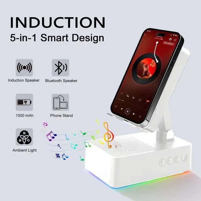Alt view image 2 of 7 - TuneEIf Wireless Induction Bluetooth Speaker, 5-in-1 Foldable Phone Holder, 1500mAh Emergency Charging, Colorful LED Ambient Light, Tech Gadgets Gifts for Men Women, for iPhone Android Tablet, Ivory
