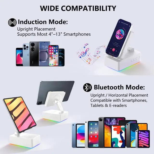 Alt view image 3 of 7 - TuneEIf Wireless Induction Bluetooth Speaker, 5-in-1 Foldable Phone Holder, 1500mAh Emergency Charging, Colorful LED Ambient Light, Tech Gadgets Gifts for Men Women, for iPhone Android Tablet, Ivory