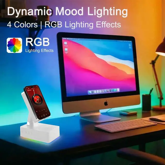 Alt view image 4 of 7 - TuneEIf Wireless Induction Bluetooth Speaker, 5-in-1 Foldable Phone Holder, 1500mAh Emergency Charging, Colorful LED Ambient Light, Tech Gadgets Gifts for Men Women, for iPhone Android Tablet, Ivory