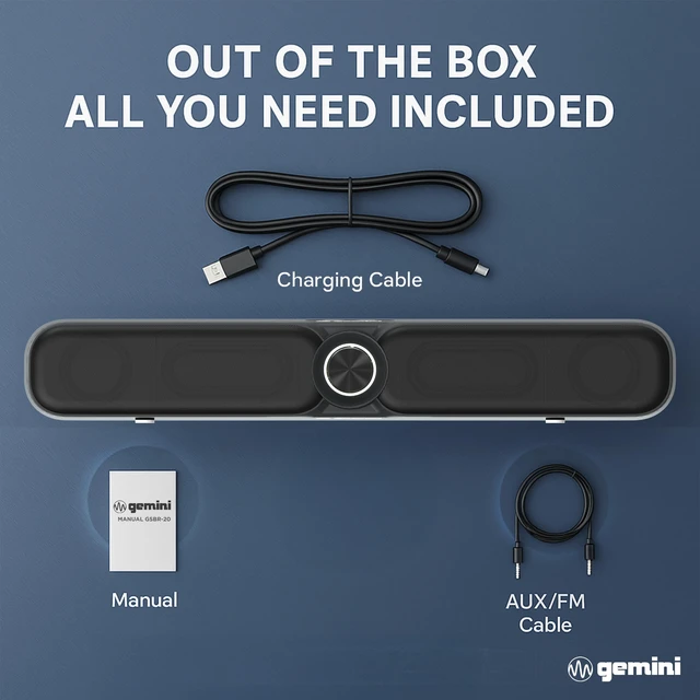 Alt view image 7 of 7 - Gemini Portable Bluetooth Soundbar for TV, Desk & Gaming (GSBR-20) | 16" portable soundbar for TV, desk & gaming - USB-C or battery - dual 2" drivers - FM, 5-in-1 media