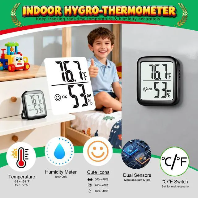 Alt view image 2 of 7 - Antonki 2 Pack Room Thermometer for Home, Hygrometer Indoor Humidity Meter Gauge, Digital Temperature and Humidity Sensor Monitor for House, Terrarium, Incubator, Greenhouse - Battery Included