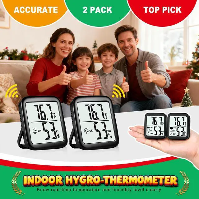 Alt view image 7 of 7 - Antonki 2 Pack Room Thermometer for Home, Hygrometer Indoor Humidity Meter Gauge, Digital Temperature and Humidity Sensor Monitor for House, Terrarium, Incubator, Greenhouse - Battery Included