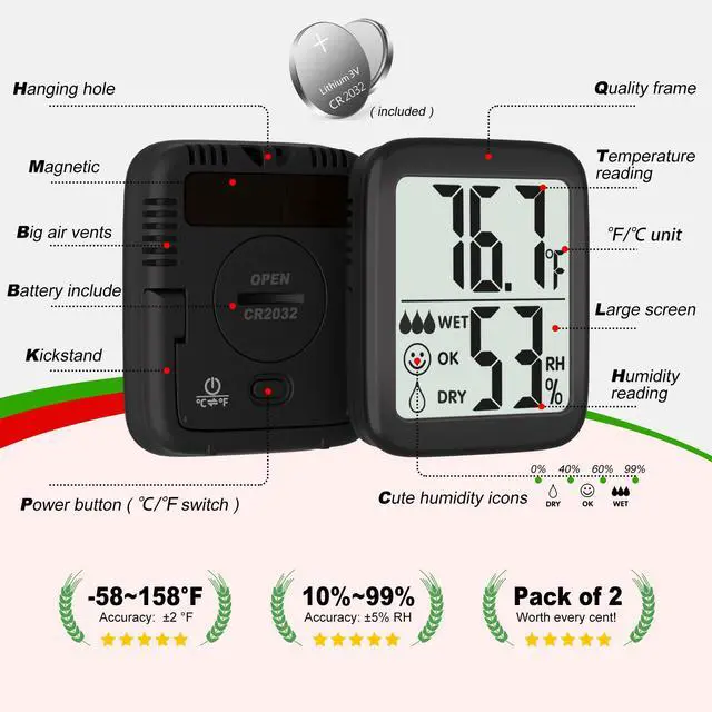 Alt view image 6 of 7 - Antonki 2 Pack Room Thermometer for Home, Hygrometer Indoor Humidity Meter Gauge, Digital Temperature and Humidity Sensor Monitor for House, Terrarium, Incubator, Greenhouse - Battery Included