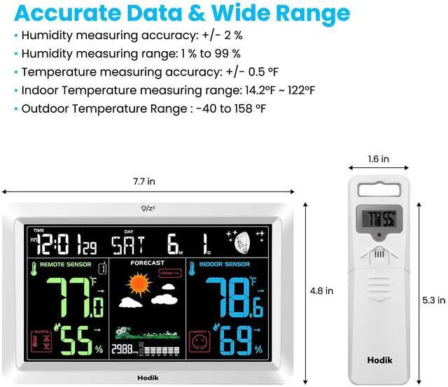 Alt view image 5 of 6 - Weather Station with Atomic Clock Indoor Outdoor Thermometer Wireless, Humidity and Temperature Monitor Barometer Hygrometer with High Precision Sensor White