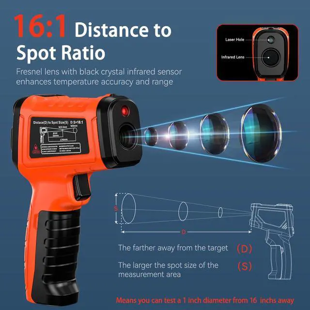 Alt view image 2 of 7 - Infrared Thermometer Gun, Include K-Type Probe for Humidity, -58°F to 1796° F Digital Laser Temperature Gun for Cooking, 16:1 IR Temp Gun for Griddle, Pizza Oven, Engine, HVAC, Industrial & Home Use
