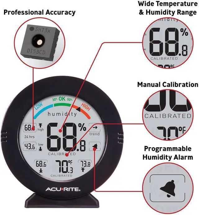 Alt view image 3 of 5 - AcuRite 01080M Pro Accuracy Temperature and Humidity Gauge with Alarms, Black