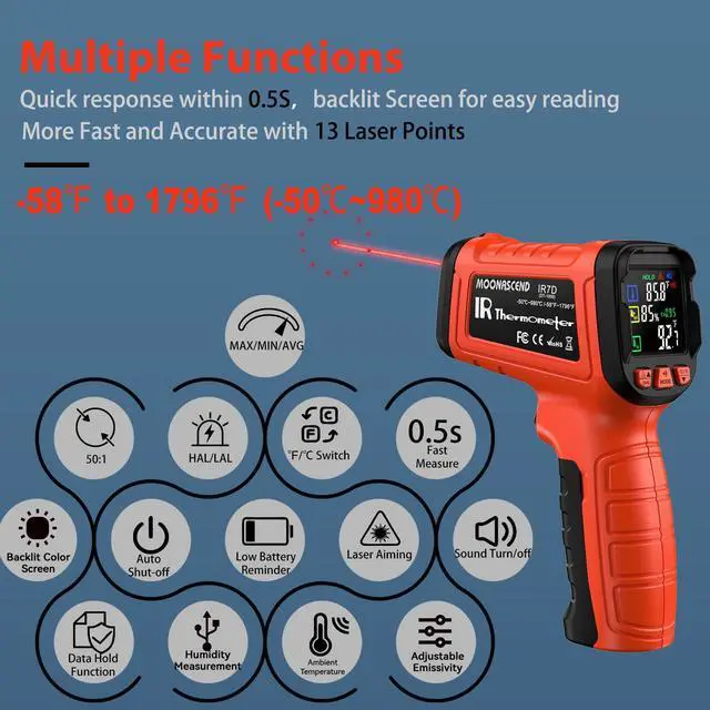 Alt view image 3 of 7 - Infrared Thermometer Gun, Include K-Type Probe for Humidity, -58°F to 1796° F Digital Laser Temperature Gun for Cooking, 16:1 IR Temp Gun for Griddle, Pizza Oven, Engine, HVAC, Industrial & Home Use
