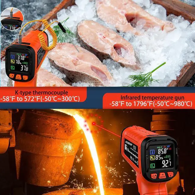 Alt view image 4 of 7 - Infrared Thermometer Gun, Include K-Type Probe for Humidity, -58°F to 1796° F Digital Laser Temperature Gun for Cooking, 16:1 IR Temp Gun for Griddle, Pizza Oven, Engine, HVAC, Industrial & Home Use