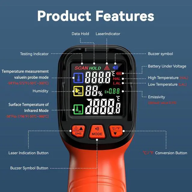 Alt view image 5 of 7 - Infrared Thermometer Gun, Include K-Type Probe for Humidity, -58°F to 1796° F Digital Laser Temperature Gun for Cooking, 16:1 IR Temp Gun for Griddle, Pizza Oven, Engine, HVAC, Industrial & Home Use