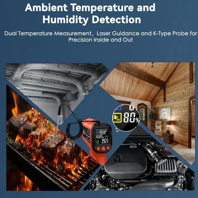 Alt view image 6 of 7 - Infrared Thermometer Gun, Include K-Type Probe for Humidity, -58°F to 1796° F Digital Laser Temperature Gun for Cooking, 16:1 IR Temp Gun for Griddle, Pizza Oven, Engine, HVAC, Industrial & Home Use