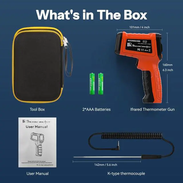 Alt view image 7 of 7 - Infrared Thermometer Gun, Include K-Type Probe for Humidity, -58°F to 1796° F Digital Laser Temperature Gun for Cooking, 16:1 IR Temp Gun for Griddle, Pizza Oven, Engine, HVAC, Industrial & Home Use