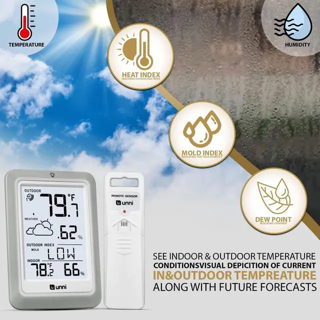 Alt view image 3 of 7 - Indoor Outdoor Thermometer Hygrometer Wireless Weather Station, Temperature Humidity Monitor Battery Powered Inside Outside Thermometers with 330ft Range Remote Sensor and Backlight Display