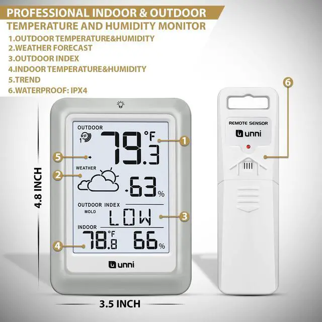 Alt view image 5 of 7 - Indoor Outdoor Thermometer Hygrometer Wireless Weather Station, Temperature Humidity Monitor Battery Powered Inside Outside Thermometers with 330ft Range Remote Sensor and Backlight Display