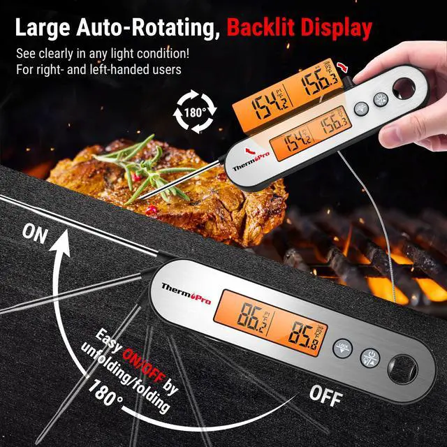 Alt view image 3 of 7 - ThermoPro TP610 Digital Meat Thermometer for Cooking, Rechargeable Instant Read Food Thermometer with Rotating LCD Screen, Waterproof Cooking Thermometer with Alarm for Grilling, Smoker, BBQ, Oven