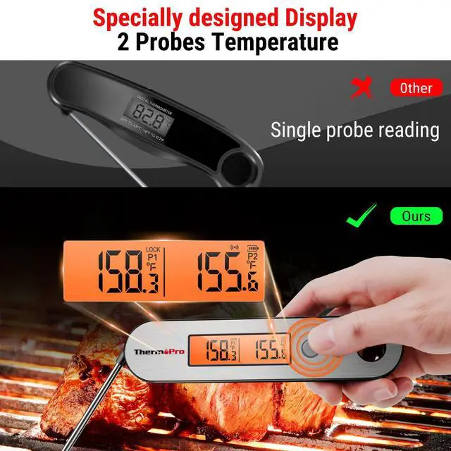 Alt view image 4 of 7 - ThermoPro TP610 Digital Meat Thermometer for Cooking, Rechargeable Instant Read Food Thermometer with Rotating LCD Screen, Waterproof Cooking Thermometer with Alarm for Grilling, Smoker, BBQ, Oven