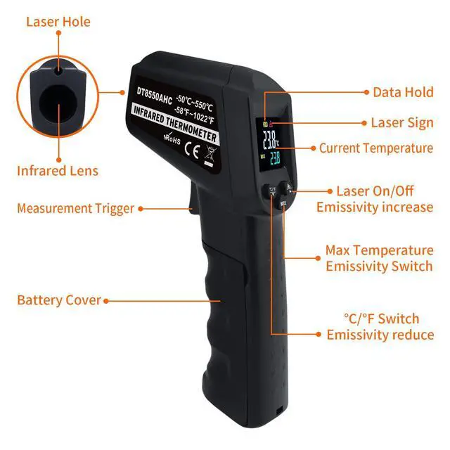 Alt view image 3 of 7 - Infrared Thermometer Temperature Gun -58~ 1022 (-50 ~ 550) Non-Contact Instant-Read Digital Laser Infrared Ir Thermometer with Color Screen (Black)