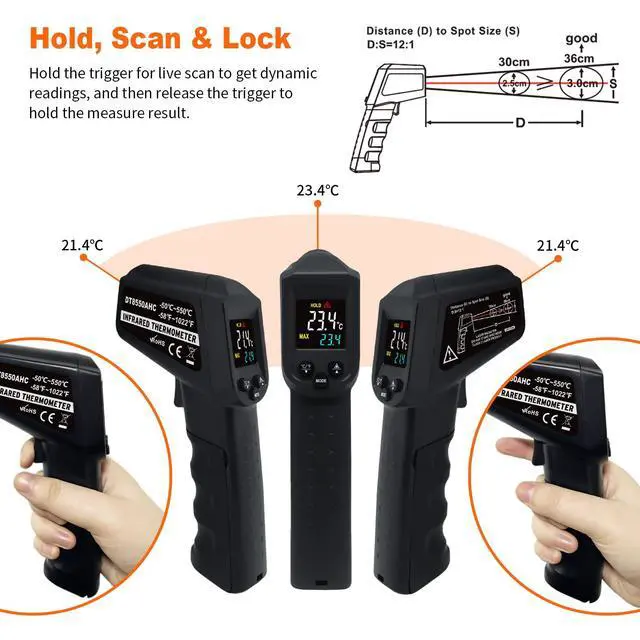 Alt view image 5 of 7 - Infrared Thermometer Temperature Gun -58~ 1022 (-50 ~ 550) Non-Contact Instant-Read Digital Laser Infrared Ir Thermometer with Color Screen (Black)