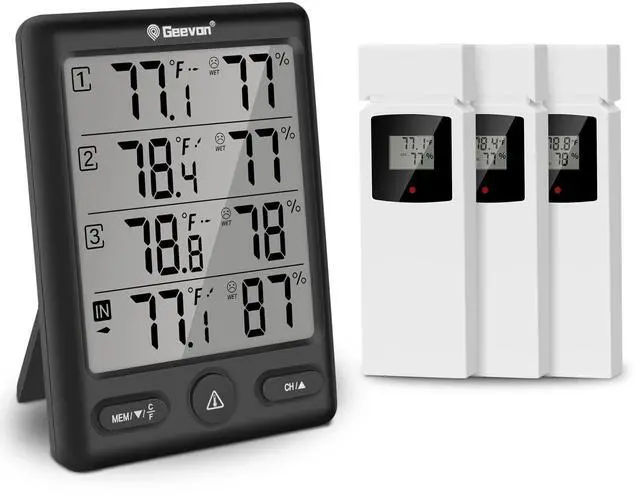 Main image of Geevon Indoor Outdoor Thermometer Wireless with 3 Remote Sensors, Digital Hygrometer Thermometer, Wireless Temperature Humidity Monitor Gauge with 200FT/60M Range (Black)