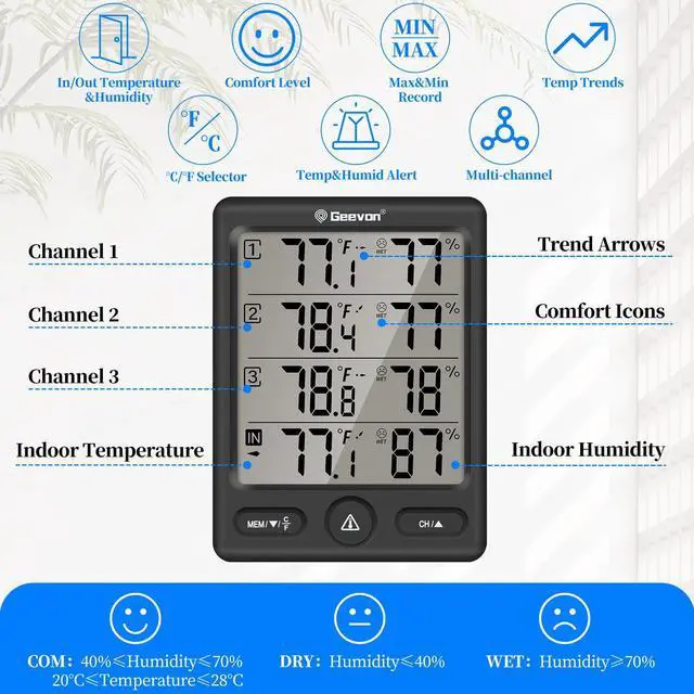 Alt view image 2 of 7 - Geevon Indoor Outdoor Thermometer Wireless with 3 Remote Sensors, Digital Hygrometer Thermometer, Wireless Temperature Humidity Monitor Gauge with 200FT/60M Range (Black)