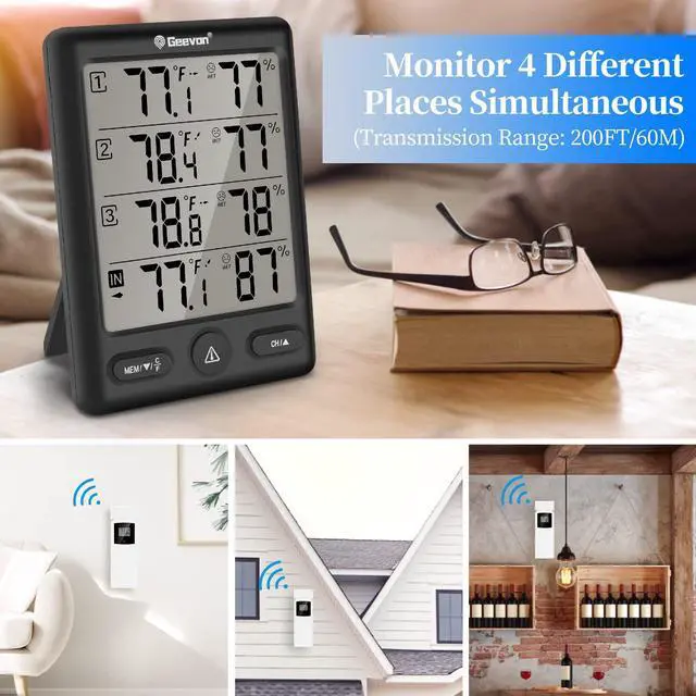 Alt view image 3 of 7 - Geevon Indoor Outdoor Thermometer Wireless with 3 Remote Sensors, Digital Hygrometer Thermometer, Wireless Temperature Humidity Monitor Gauge with 200FT/60M Range (Black)