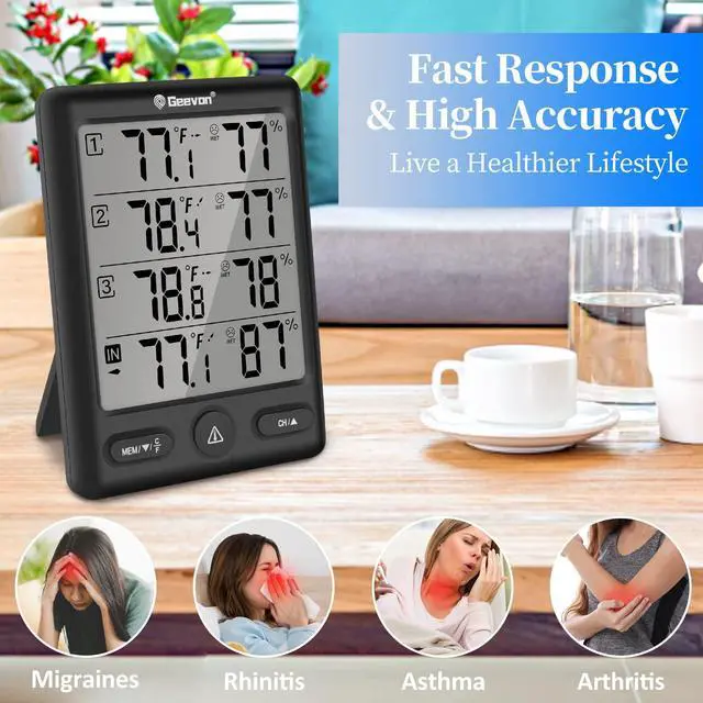 Alt view image 4 of 7 - Geevon Indoor Outdoor Thermometer Wireless with 3 Remote Sensors, Digital Hygrometer Thermometer, Wireless Temperature Humidity Monitor Gauge with 200FT/60M Range (Black)