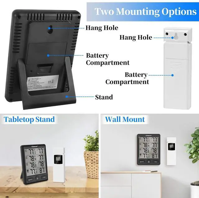 Alt view image 6 of 7 - Geevon Indoor Outdoor Thermometer Wireless with 3 Remote Sensors, Digital Hygrometer Thermometer, Wireless Temperature Humidity Monitor Gauge with 200FT/60M Range (Black)