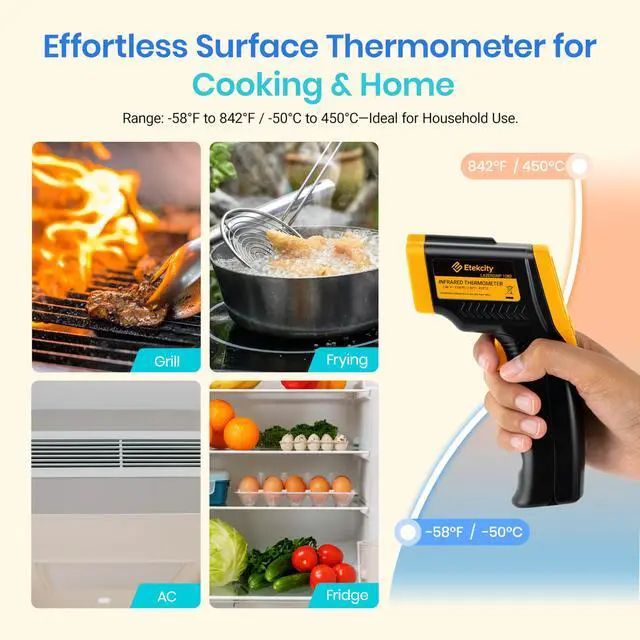Alt view image 3 of 7 - Infrared Thermometer Laser Temperature Gun 774, Meat Food Candy Oven Thermometer for Griddle Accessories, Heat Gun for Cooking Refrigerator Tools, Adjustable Emissivity & Max Measure, Yellow