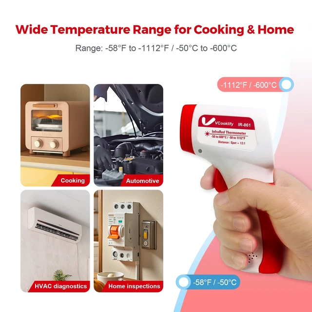 Alt view image 3 of 7 - Infrared Thermometer for Meat,Laser Temperature Gun,-58~1112°F,DS 12:1 Digital IR Temp Gun with Adjustable Emissivity&High/Low Alarm,LCD Display Thermal Gun for Food Oven Cooking HVAC