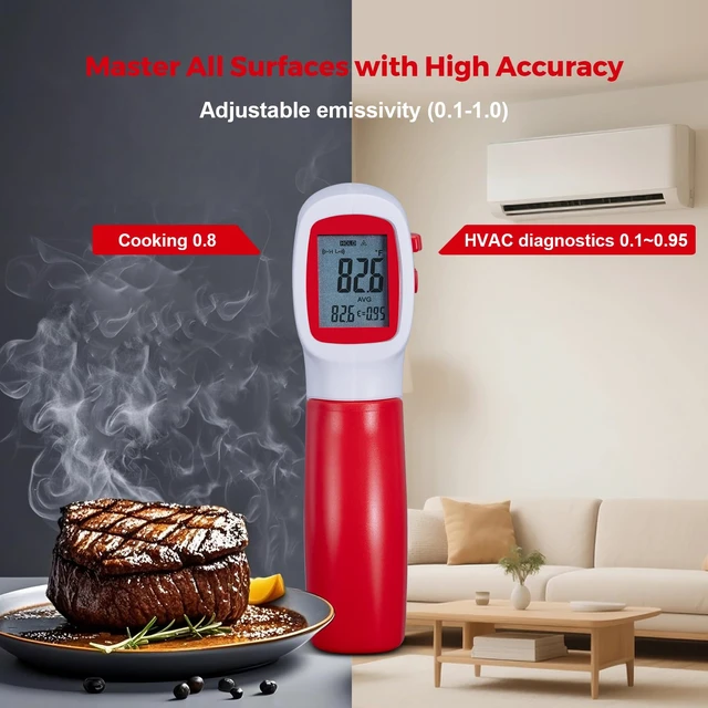 Alt view image 6 of 7 - Infrared Thermometer for Meat,Laser Temperature Gun,-58~1112°F,DS 12:1 Digital IR Temp Gun with Adjustable Emissivity&High/Low Alarm,LCD Display Thermal Gun for Food Oven Cooking HVAC