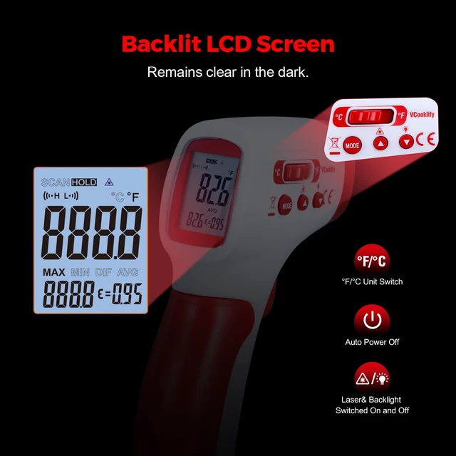 Alt view image 7 of 7 - Infrared Thermometer for Meat,Laser Temperature Gun,-58~1112°F,DS 12:1 Digital IR Temp Gun with Adjustable Emissivity&High/Low Alarm,LCD Display Thermal Gun for Food Oven Cooking HVAC