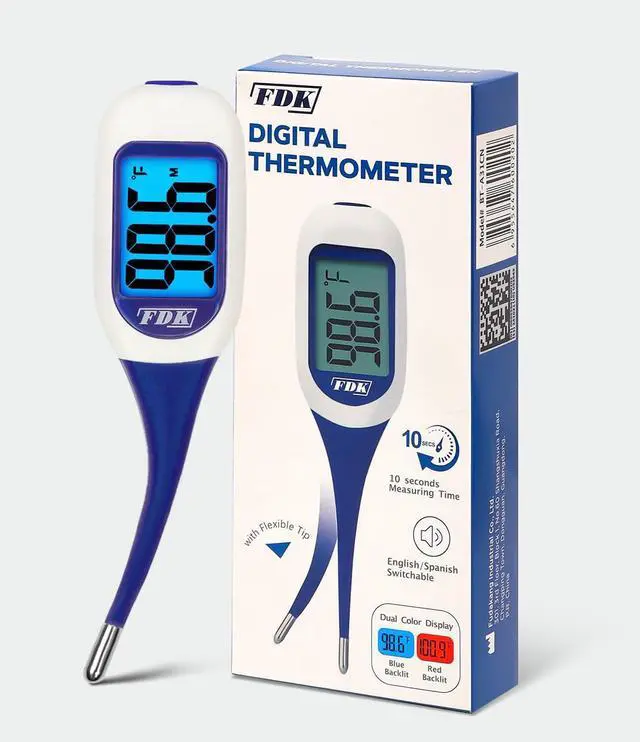 Main image of FDK Large LCD Screen Digital Thermometer for Fever, 10 Seconds Fast & Accurate Readings, Large LCD Dual Color Backlight Flexible Tip Ideal for Adults Kids and Babies FSA