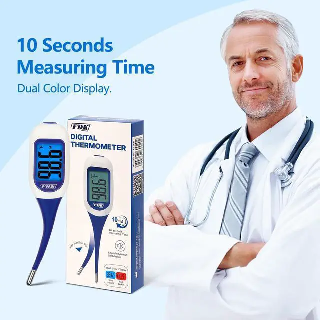 Alt view image 4 of 7 - FDK Large LCD Screen Digital Thermometer for Fever, 10 Seconds Fast & Accurate Readings, Large LCD Dual Color Backlight Flexible Tip Ideal for Adults Kids and Babies FSA