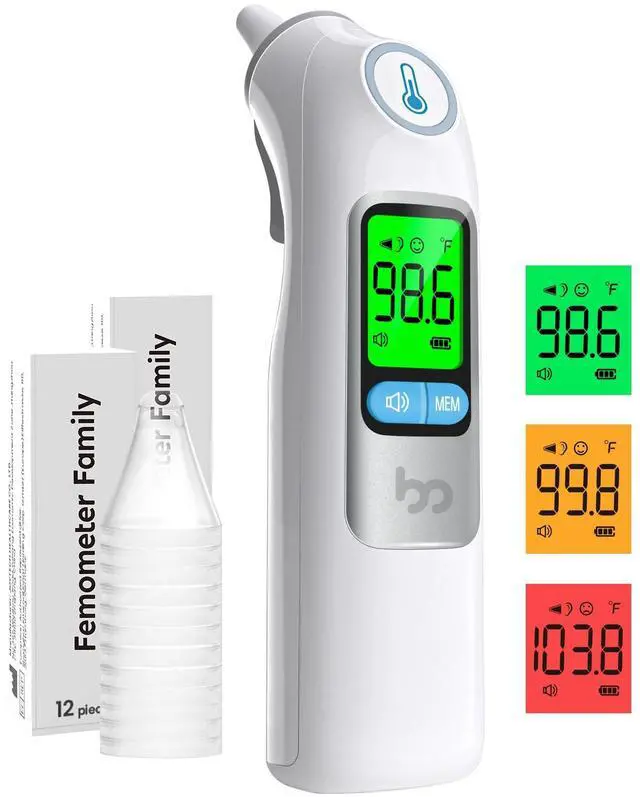 Main image of Femometer Family Ear Thermometer, Highly Accurate Ear Thermometer for Kids, Adults and Babies, 30 Memory Recall, 1s Result and 3-Color Fever Alert, with 24 Disposable Probe Covers, White
