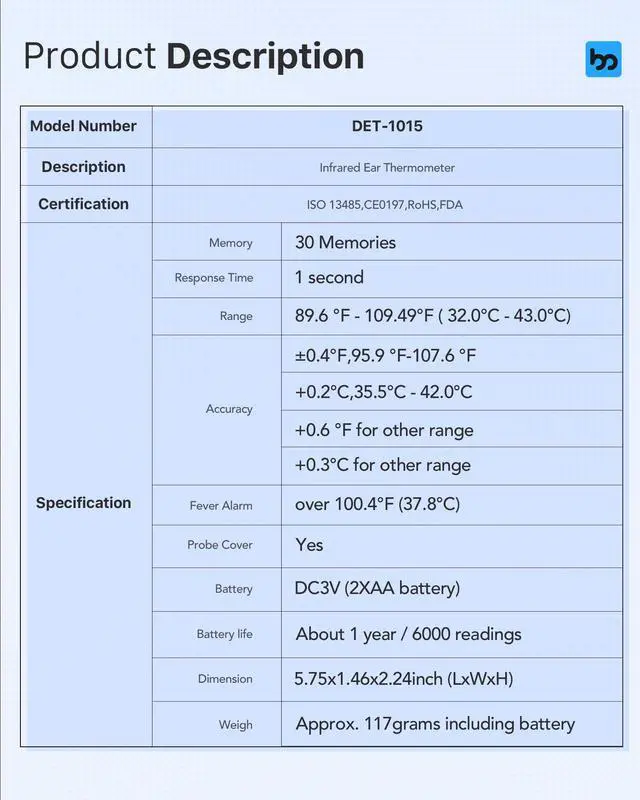 Alt view image 6 of 7 - Femometer Family Ear Thermometer, Highly Accurate Ear Thermometer for Kids, Adults and Babies, 30 Memory Recall, 1s Result and 3-Color Fever Alert, with 24 Disposable Probe Covers, White