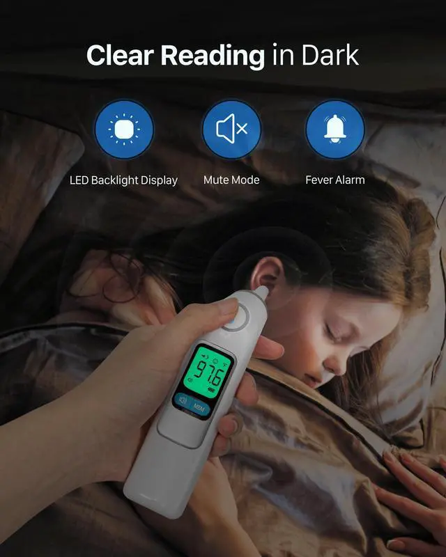 Alt view image 7 of 7 - Femometer Family Ear Thermometer, Highly Accurate Ear Thermometer for Kids, Adults and Babies, 30 Memory Recall, 1s Result and 3-Color Fever Alert, with 24 Disposable Probe Covers, White