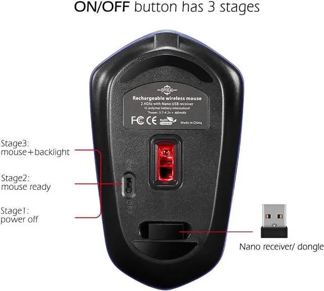 Alt view image 4 of 6 - Rechargeable Wireless Mouse, Illuminating Backlit Powered by Li-Polymer Battery, Optical Sensor, Nano USB Receiver,3 Stages DPI Speed, 4 Buttons for PC, Laptop, Tablet, MacBook etc
