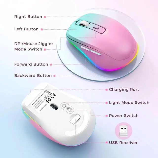 Alt view image 2 of 7 - Wireless Mouse Jiggler - LED Wireless Mice with Build-in Mouse Jiggler Mover, Rechargeable Moving Mouse for Computer with Undetectable Random Movement Keeps Computer Awake - Gradient Pink
