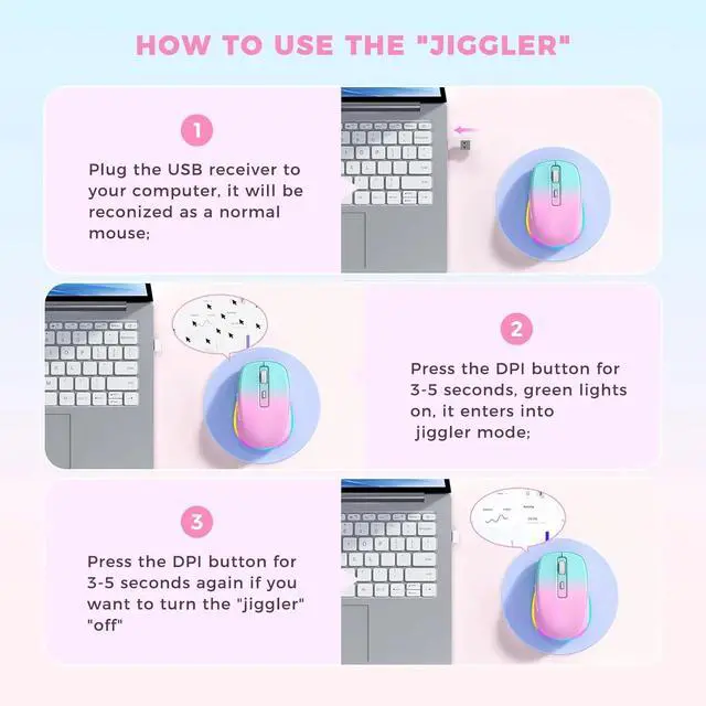 Alt view image 7 of 7 - Wireless Mouse Jiggler - LED Wireless Mice with Build-in Mouse Jiggler Mover, Rechargeable Moving Mouse for Computer with Undetectable Random Movement Keeps Computer Awake - Gradient Pink