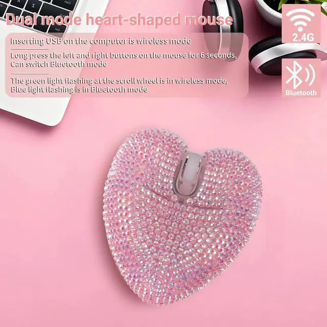 Alt view image 5 of 7 - Wireless Bluetooth Mouse, Rechargeable Silent and Stylish Heart-Shaped Mouse for Laptop, PC - 10m Range (Pink)